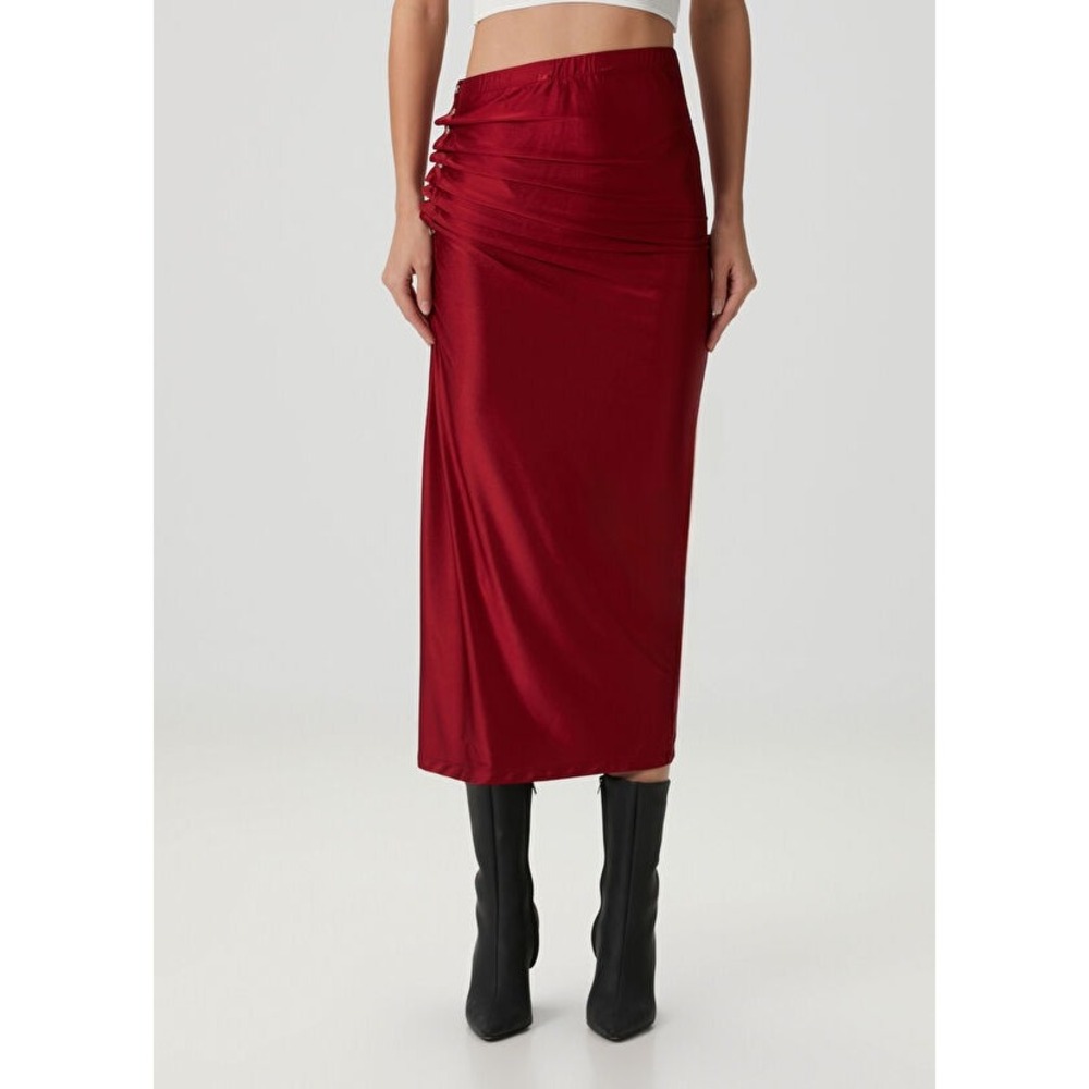 Rabanne Draped Midi Jersey Skirt Red Satin Ruched Snap Side Slit Maxi NWOT US 4